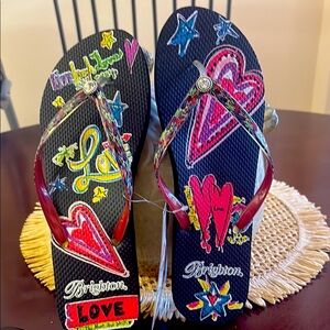 Brighton Black Flip Flops with Colorful Heart Graphics